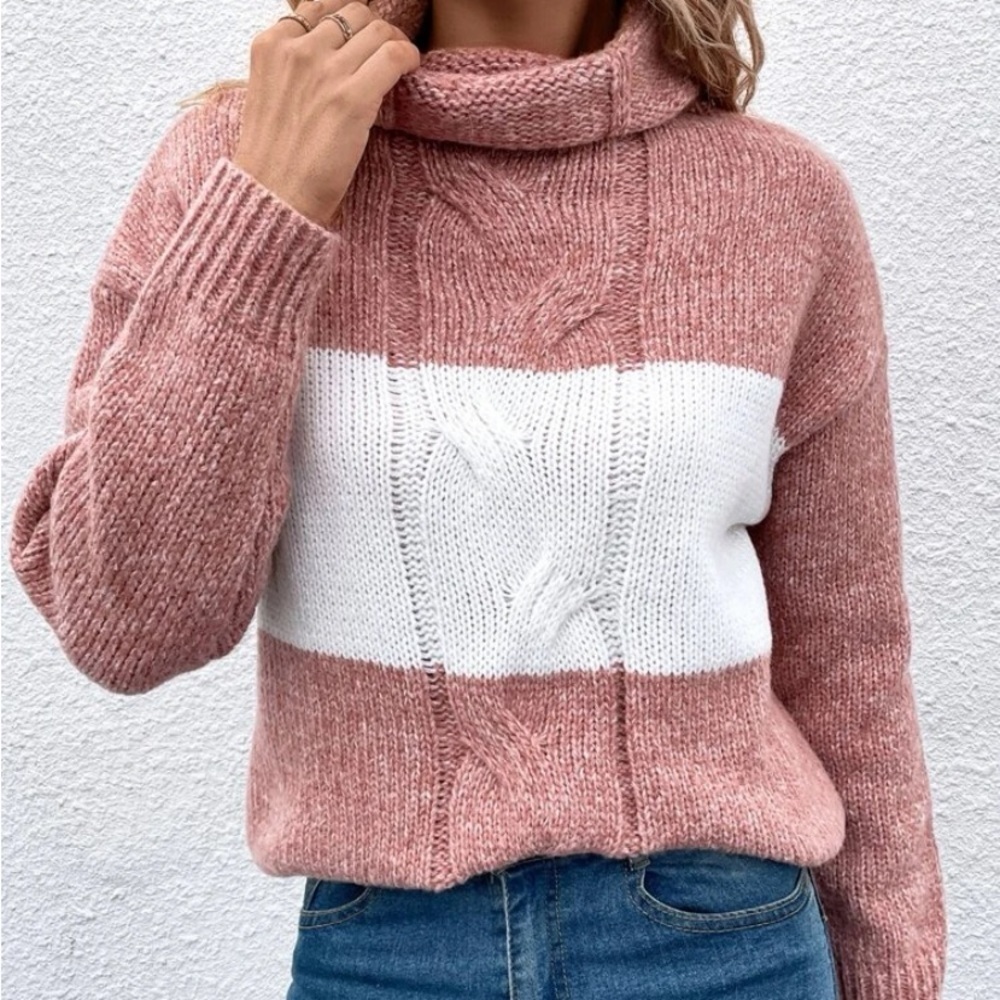 New Cable knit color block cowl neck sweater